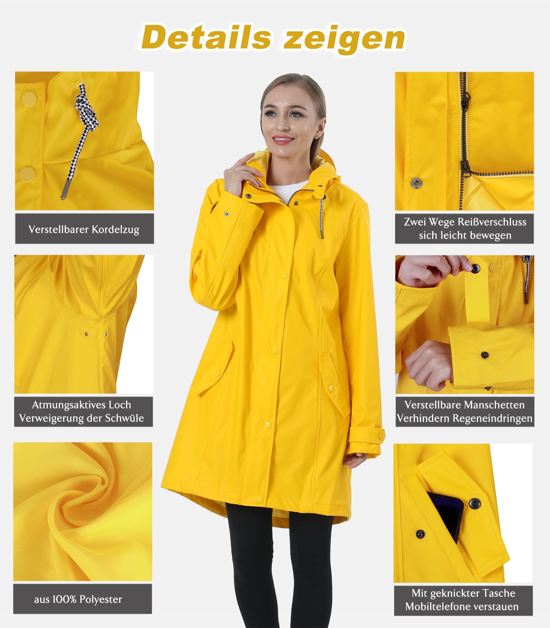 Damen Regenjacke IK02 - Wasserdicht, Atmungsaktiv, Lang, Gefüttert, Stilvoll