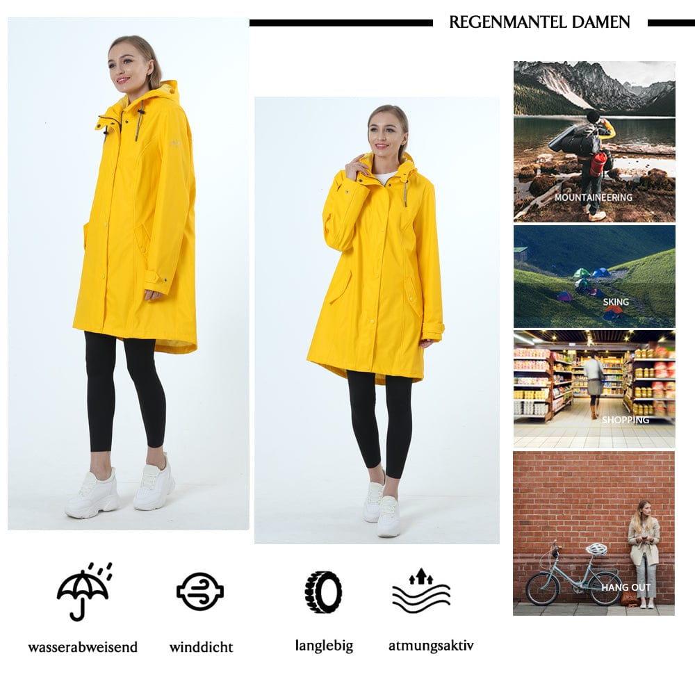 Damen Regenjacke IK02 - Wasserdicht, Atmungsaktiv, Lang, Gefüttert, Stilvoll