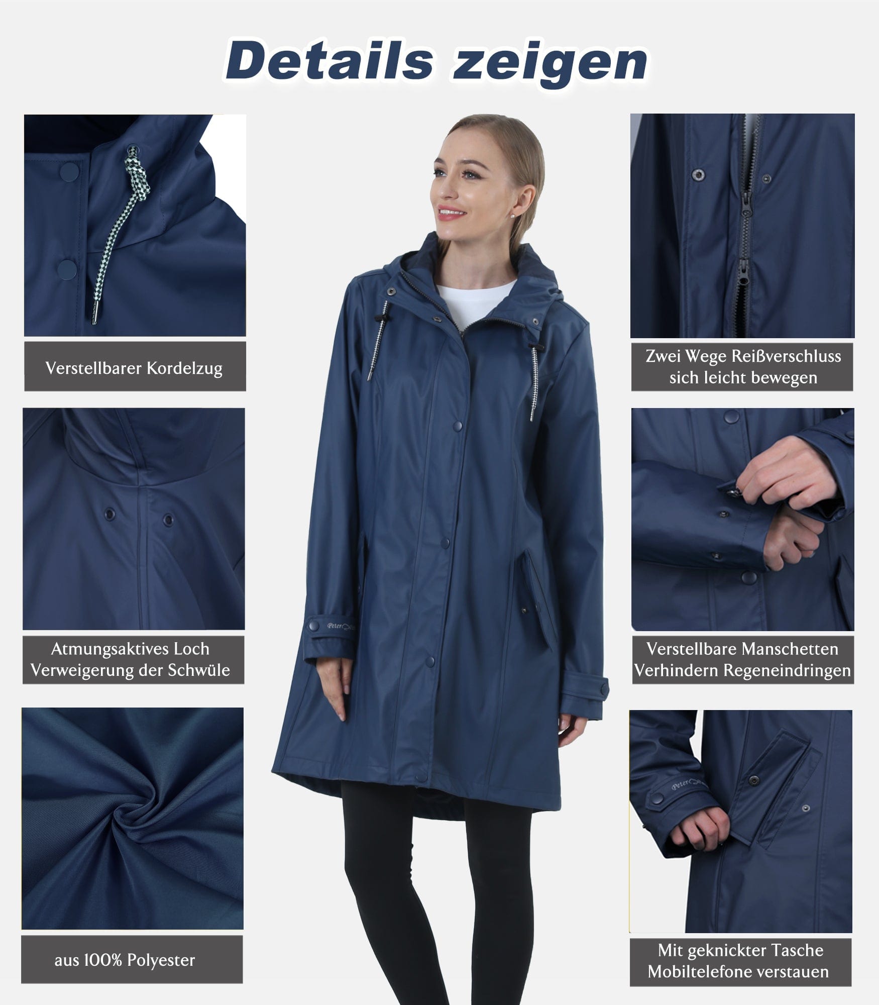 Damen Regenjacke IK02 - Wasserdicht, Atmungsaktiv, Lang, Gefüttert, Stilvoll