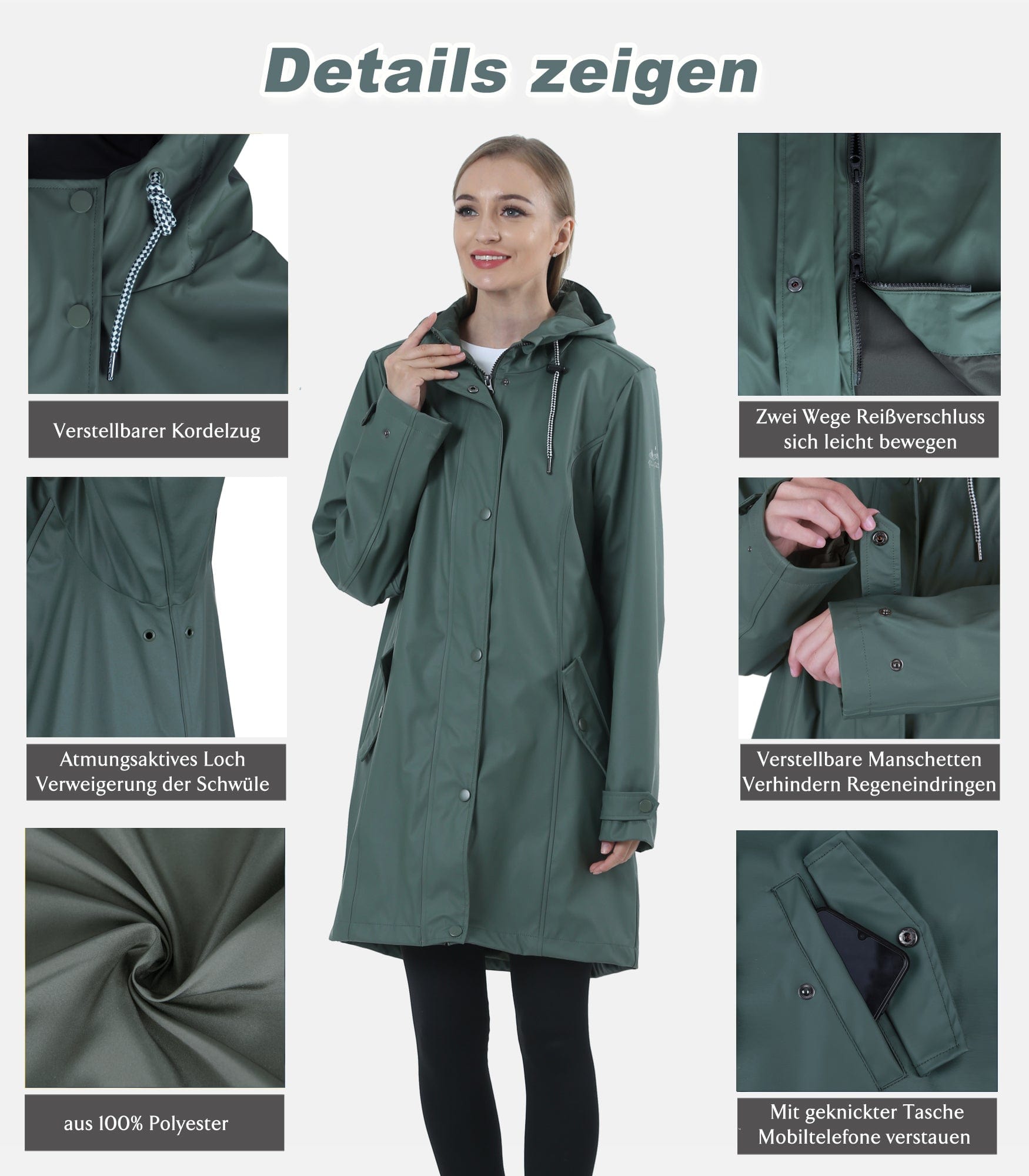 Damen Regenjacke IK02 - Wasserdicht, Atmungsaktiv, Lang, Gefüttert, Stilvoll