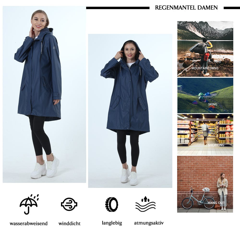 Damen Regenjacke IK02 - Wasserdicht, Atmungsaktiv, Lang, Gefüttert, Stilvoll