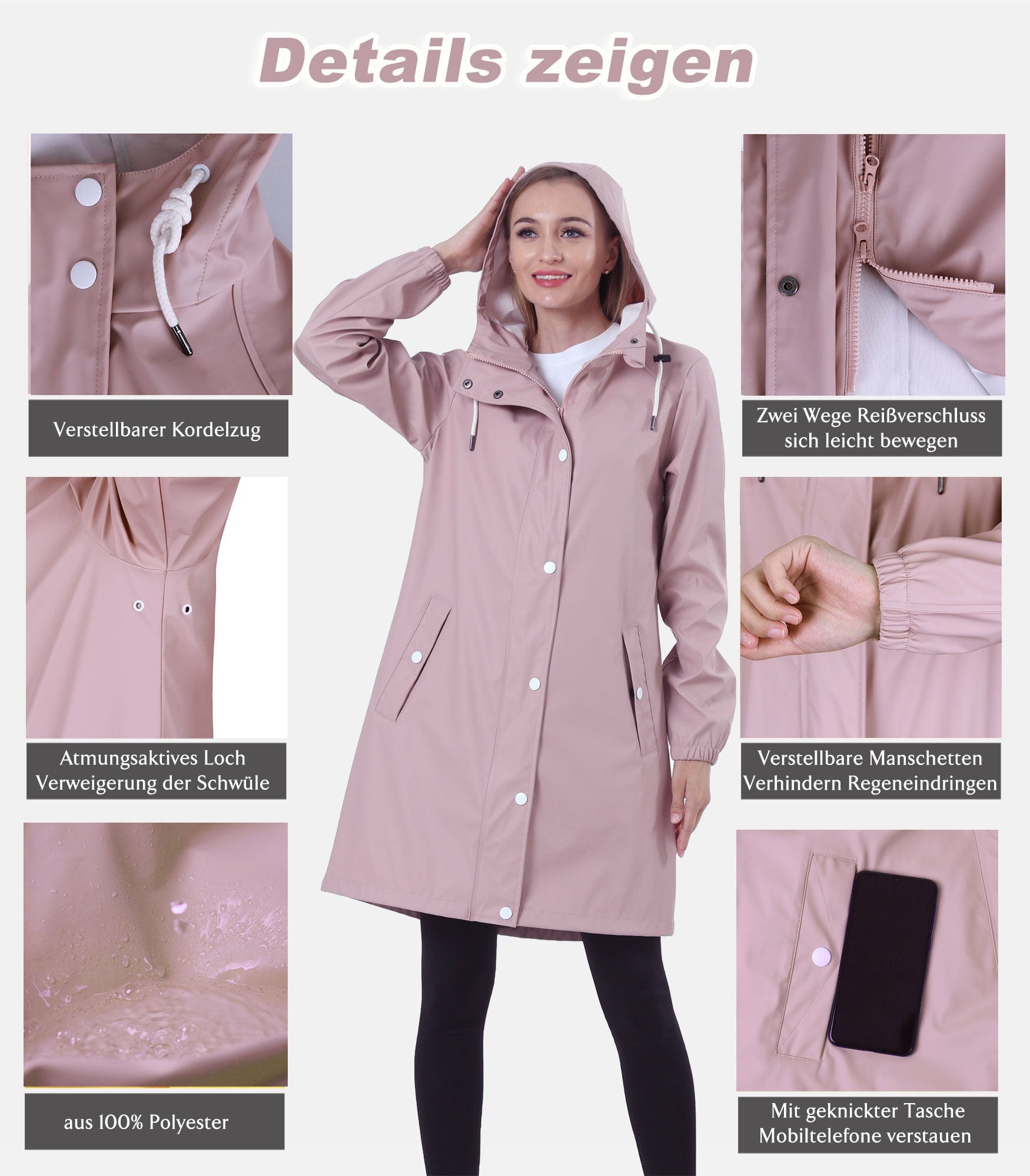 Damen Regenjacke RF03 - Wasserdicht, Atmungsaktiv, Lang, Stilvoll