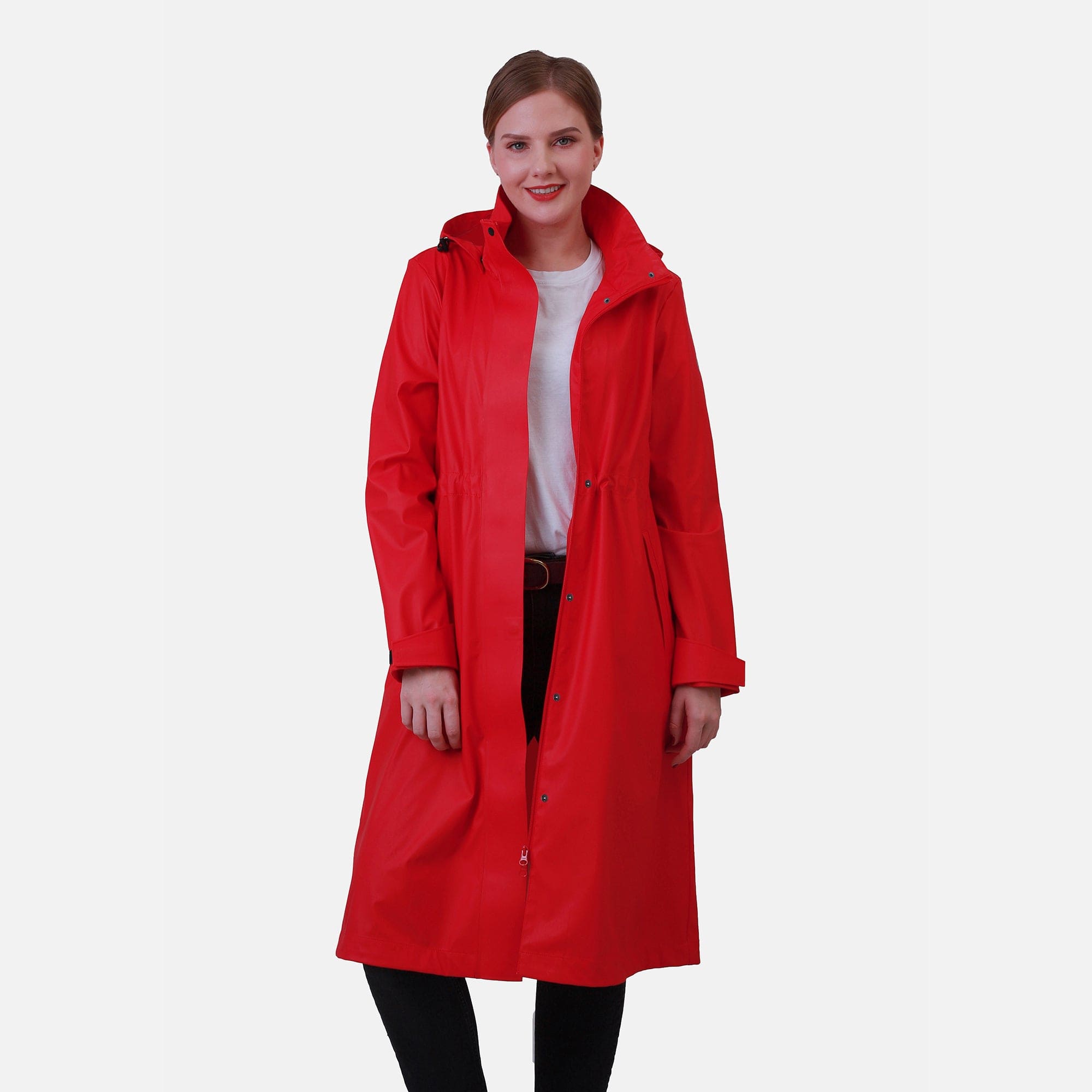 Damen Wasserdichter Langer Regenmantel KIM-Red