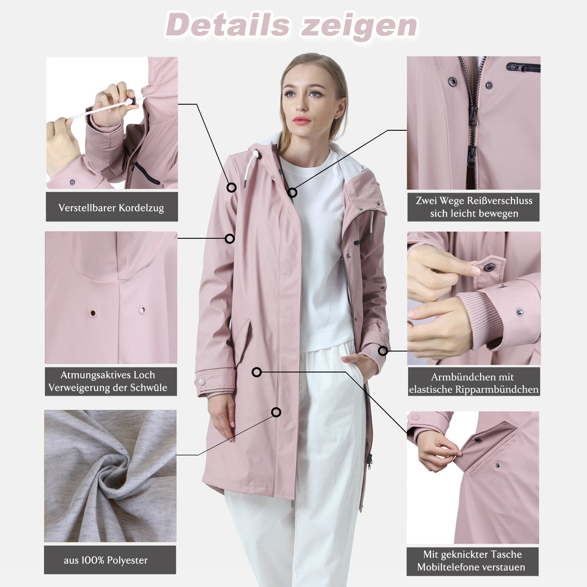 Damen wasserdicht mackintosh PU Stoff wasserdichtes Futter Kapuzenjacke Jacke PT01