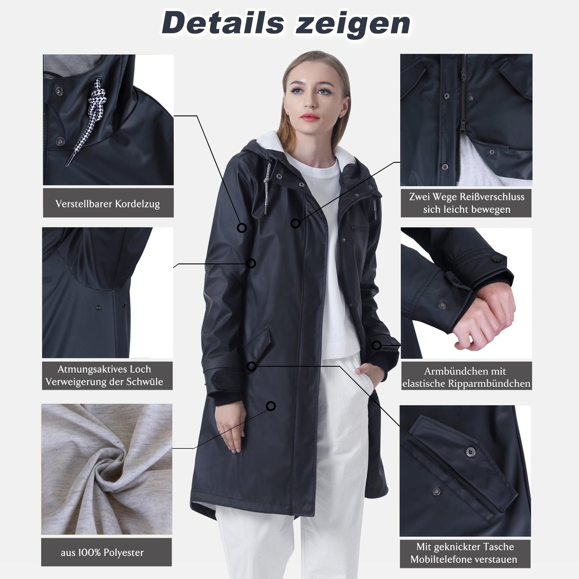 Damen wasserdicht mackintosh PU Stoff wasserdichtes Futter Kapuzenjacke Jacke PT01