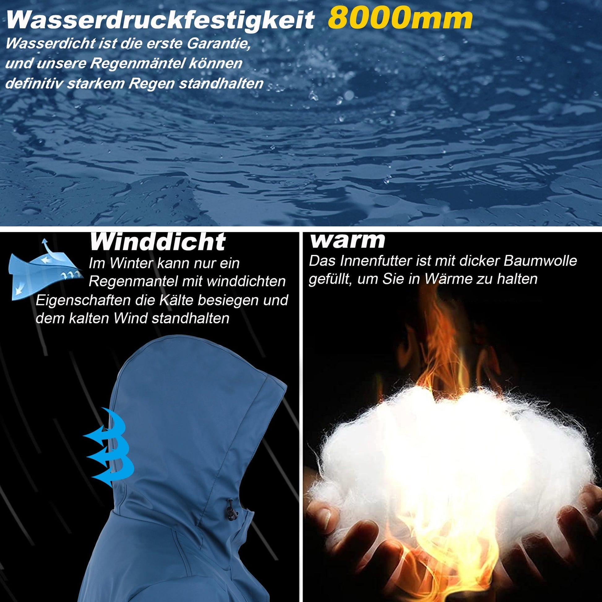 Wasserdichter Damen Regenmantel Lange Kapuzenjacke Outdoor Warm Windbreaker Dora