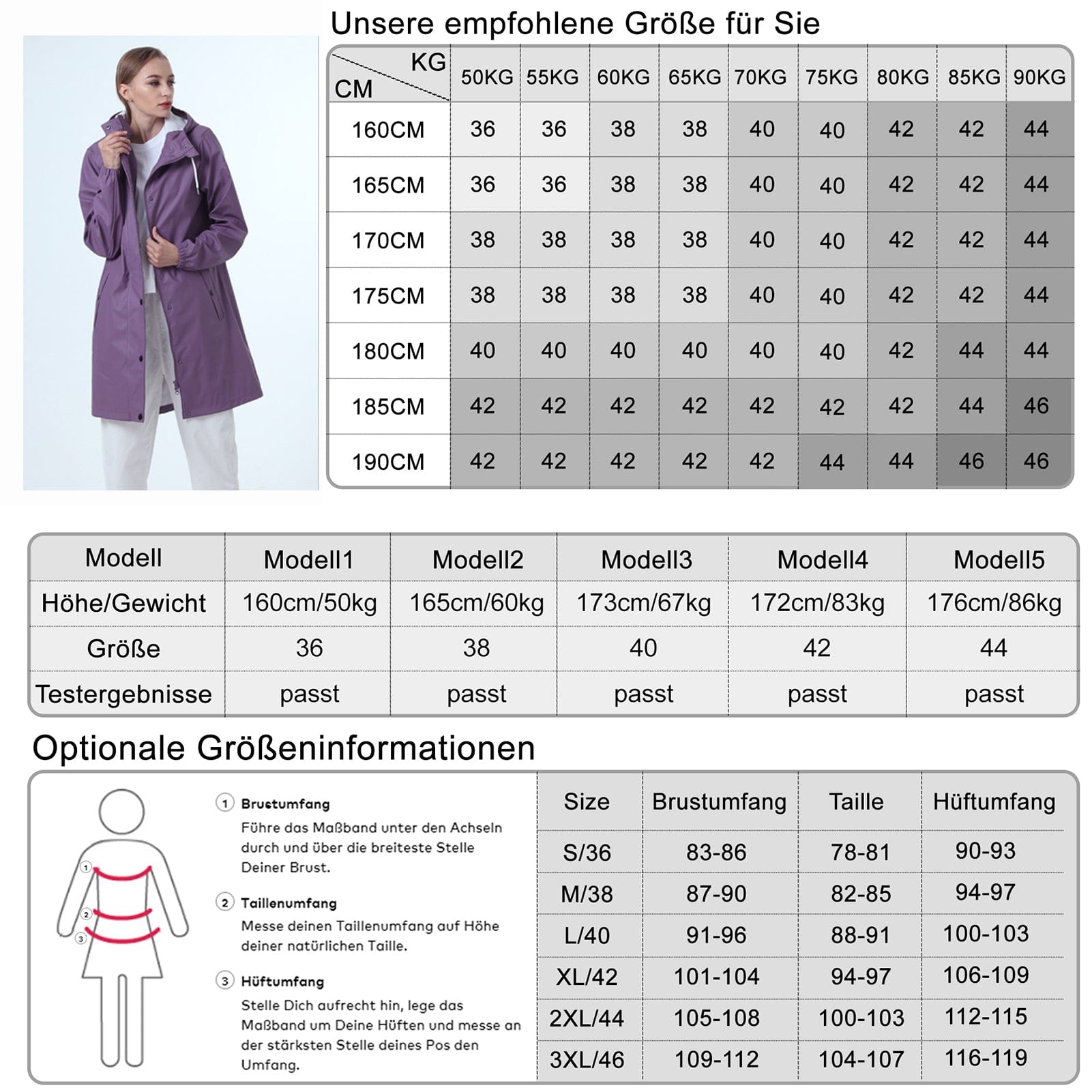 Damen Regenjacke RF03 - Wasserdicht, Atmungsaktiv, Lang, Stilvoll