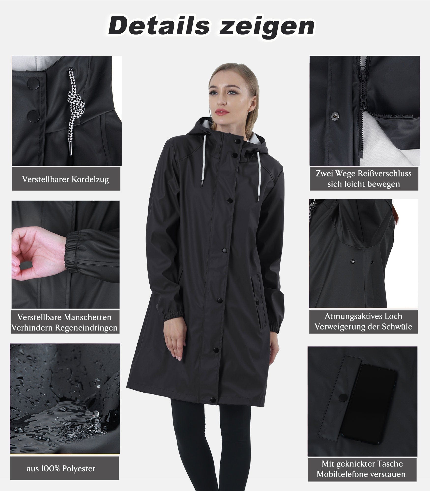 Damen Regenjacke RF03 - Wasserdicht, Atmungsaktiv, Lang, Stilvoll