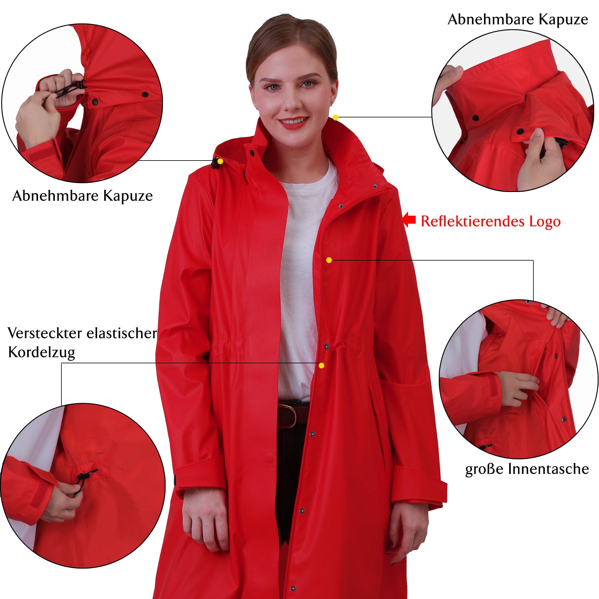 Damen Wasserdichter Langer Regenmantel KIM-Red