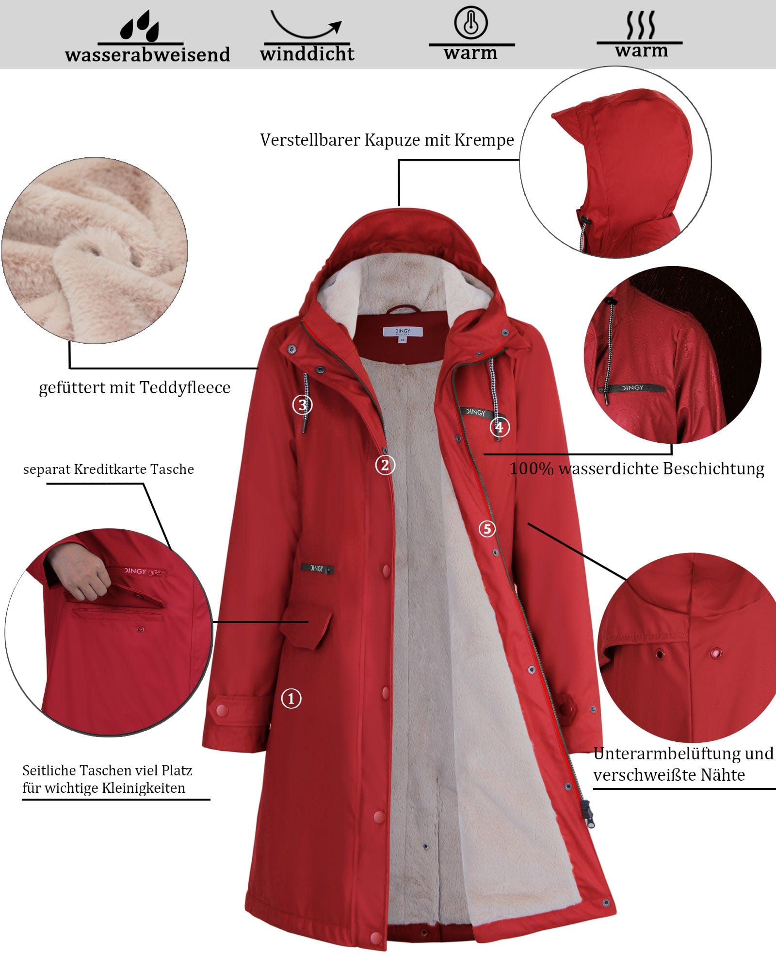 PU wasserdichter Regenmantel Winter warme Jacke PT02