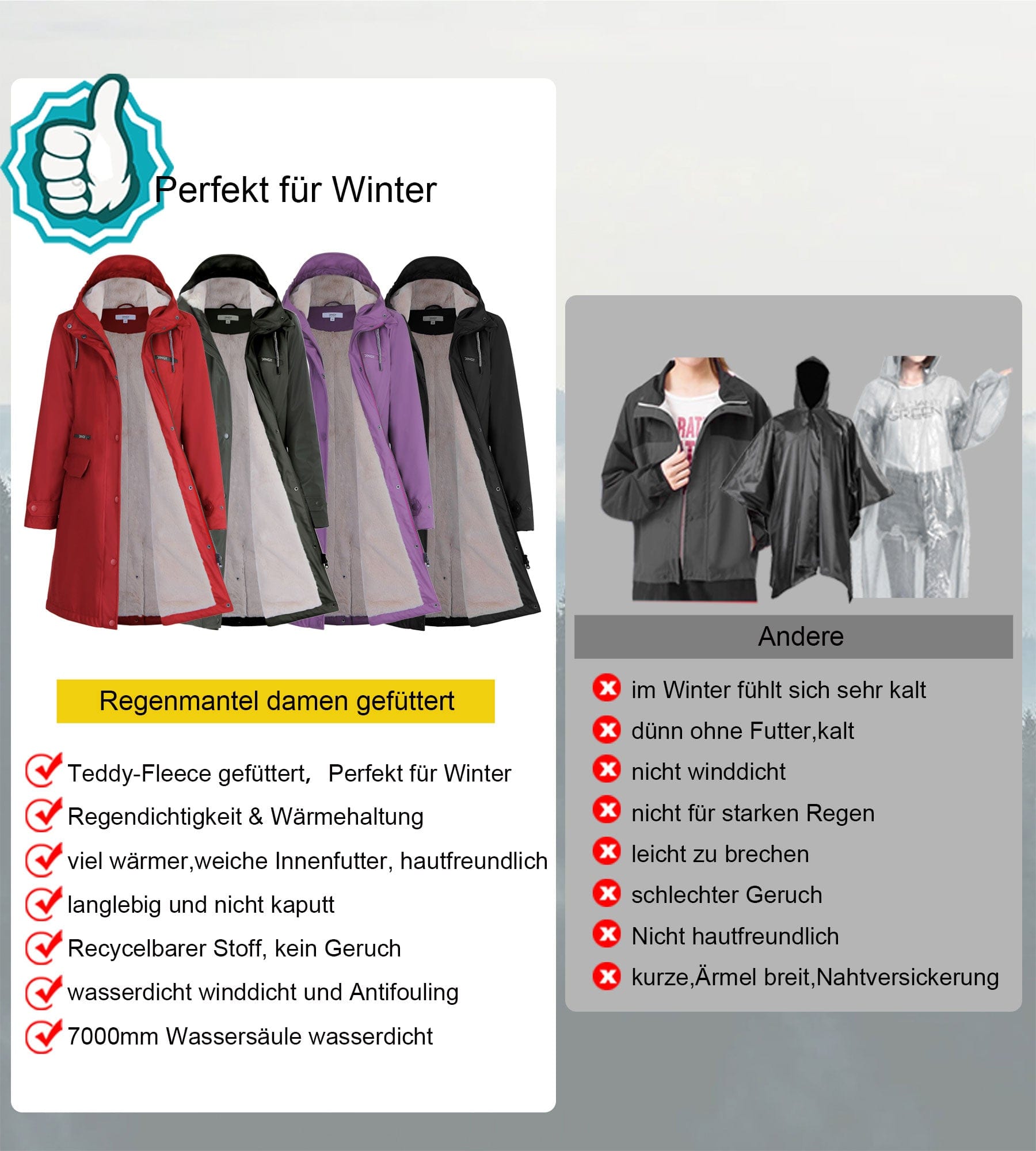 PU wasserdichter Regenmantel Winter warme Jacke PT02