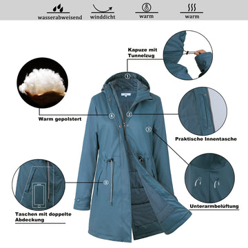 Waterproof rain jacket women's long hooded jacket outdoor warm windbreaker Dora
