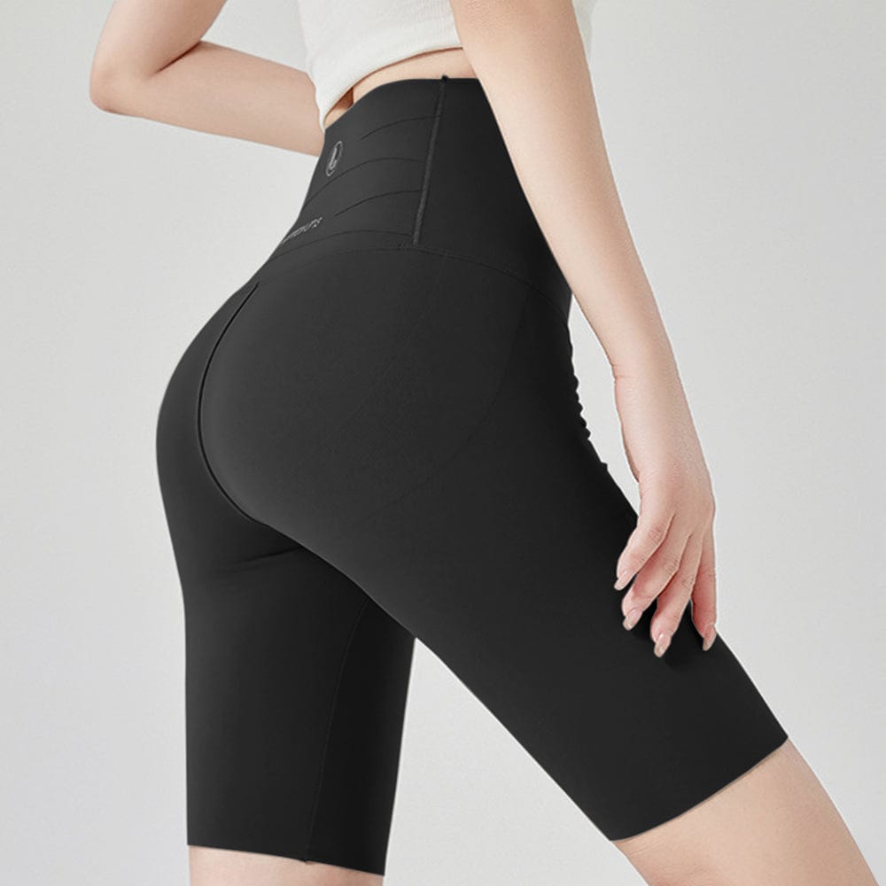 Schwarz / S Damen Hochtaillierte, blickdichte, kurze Leggings mit Bauchansatz für Sport, Yoga, Gym